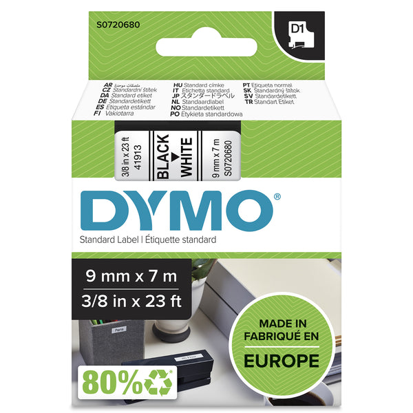 DYMO Authentic D1 Labels | Black Print on White Tape | 9 mm x 7 m | Self-Adhesive Labels for LabelManager Label Makers | Made in Europe