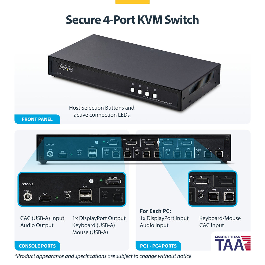 StarTech.com Secure 4-Port KVM Switch, DisplayPort, 4K 60Hz, NIAP 4.0 Desktop KVM, CAC, Metal Housing, Made in - image 4