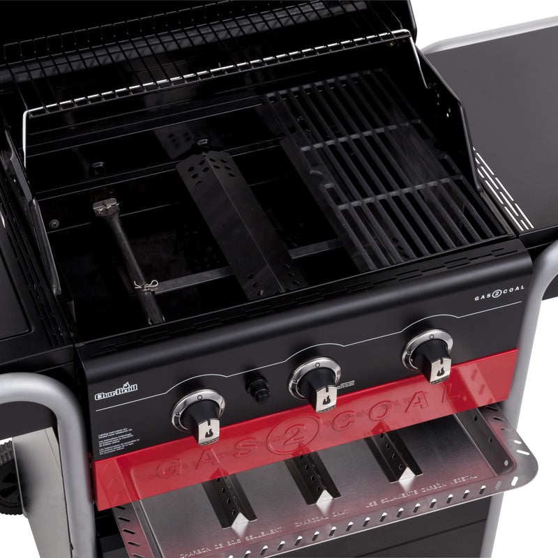 Char-Broil GAS2COAL 330 Grill Cooking station Charcoal + Natural gas Black, Red, Stainless steel