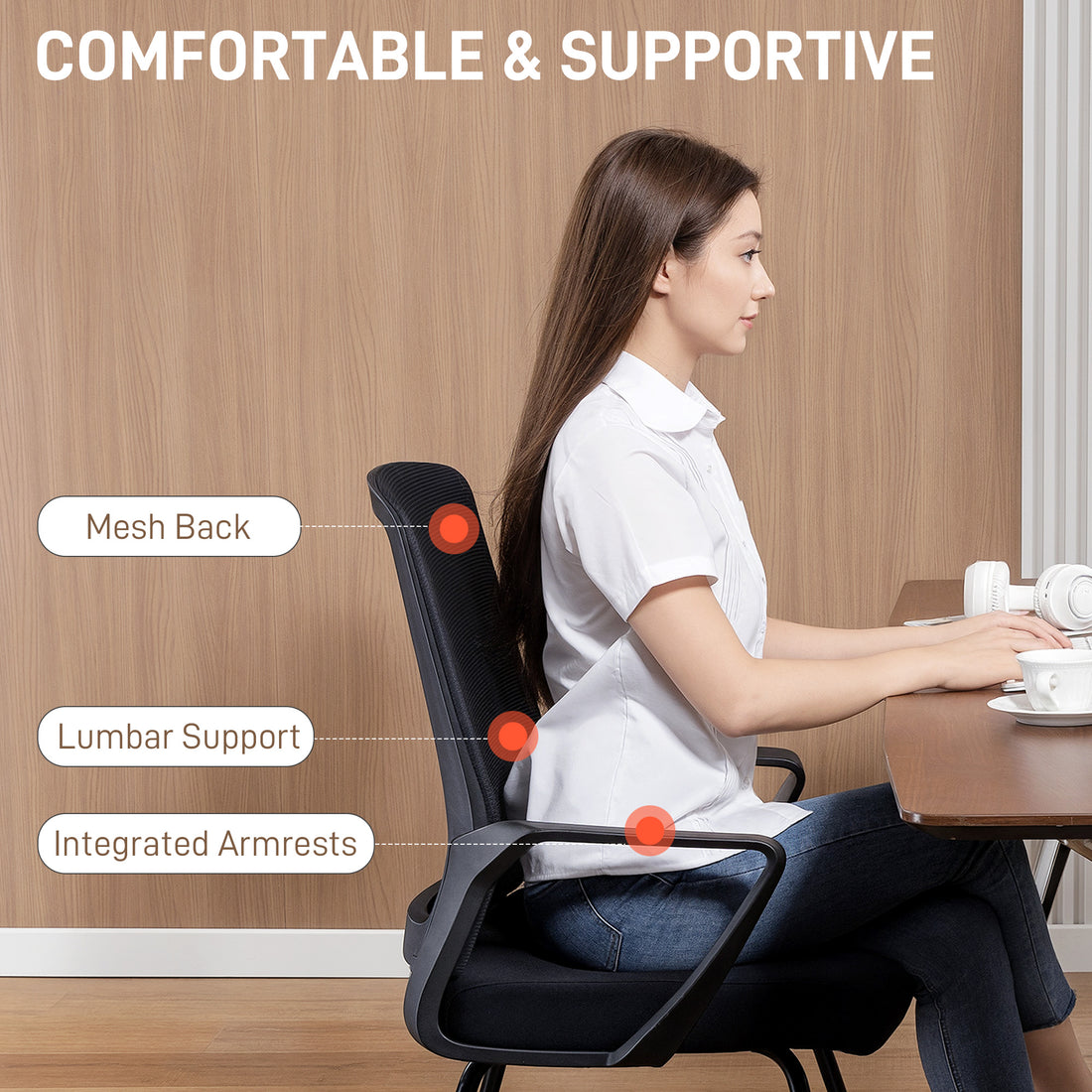HOMCOM Desk Chair No Wheels, Office Chair with Mesh Back, Lumbar Support, Metal Base for Waiting Room, Conference Room, Black