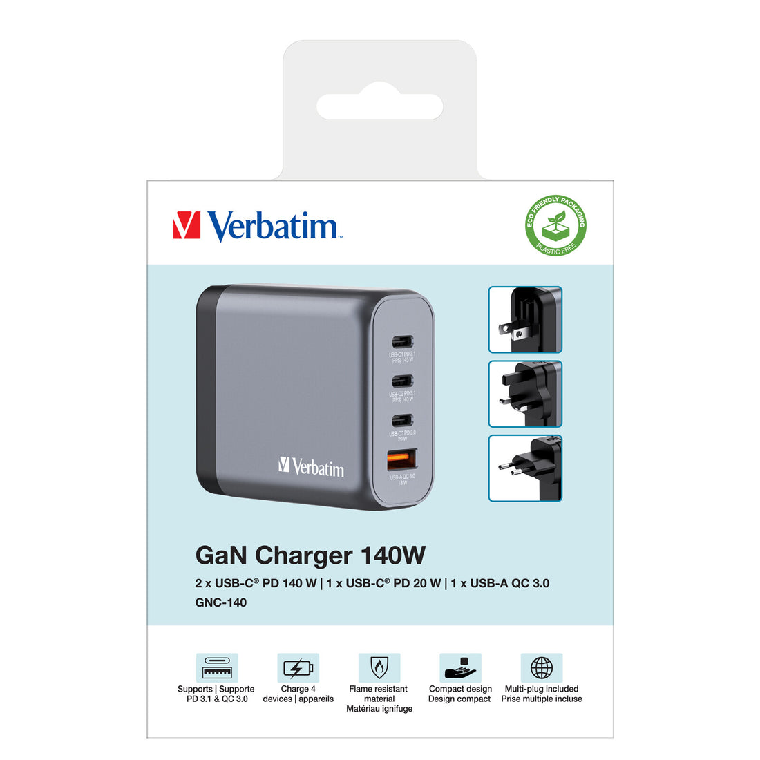 Verbatim GNC-140 GaN Charger 140W with 2 x USB-C PD 140W / 1 x USB-C PD 20W / 1 x USB-A QC 3.0 (EU/UK/US) - image 7
