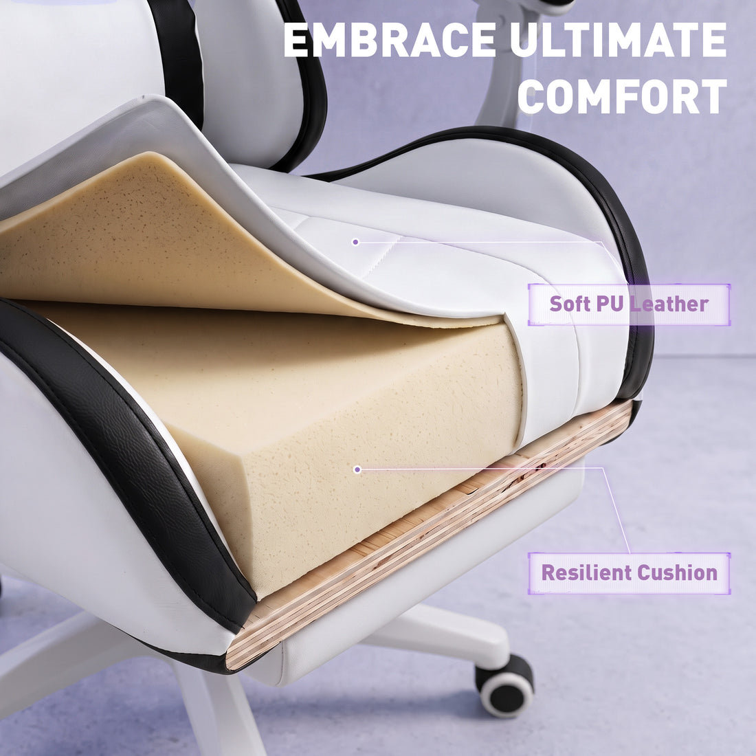 Vinsetto Gaming Chair, Computer Gamer Chair with Reclining High Back, Headrest, Lumbar Support, Footrest, Swivel Wheels, PU Leather, Adjustable Height for Home, White and Black