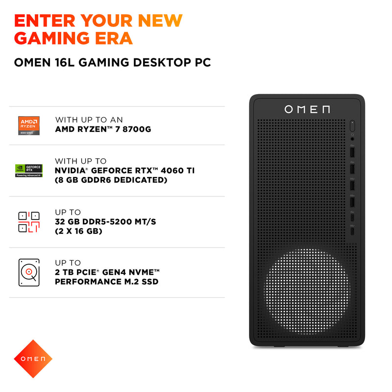 HP OMEN 16L TG03-0003na AMD Ryzen™ 5 8500F 16 GB DDR5-SDRAM 512 GB SSD NVIDIA GeForce RTX 3050 Windows 11 Home Tower PC Black