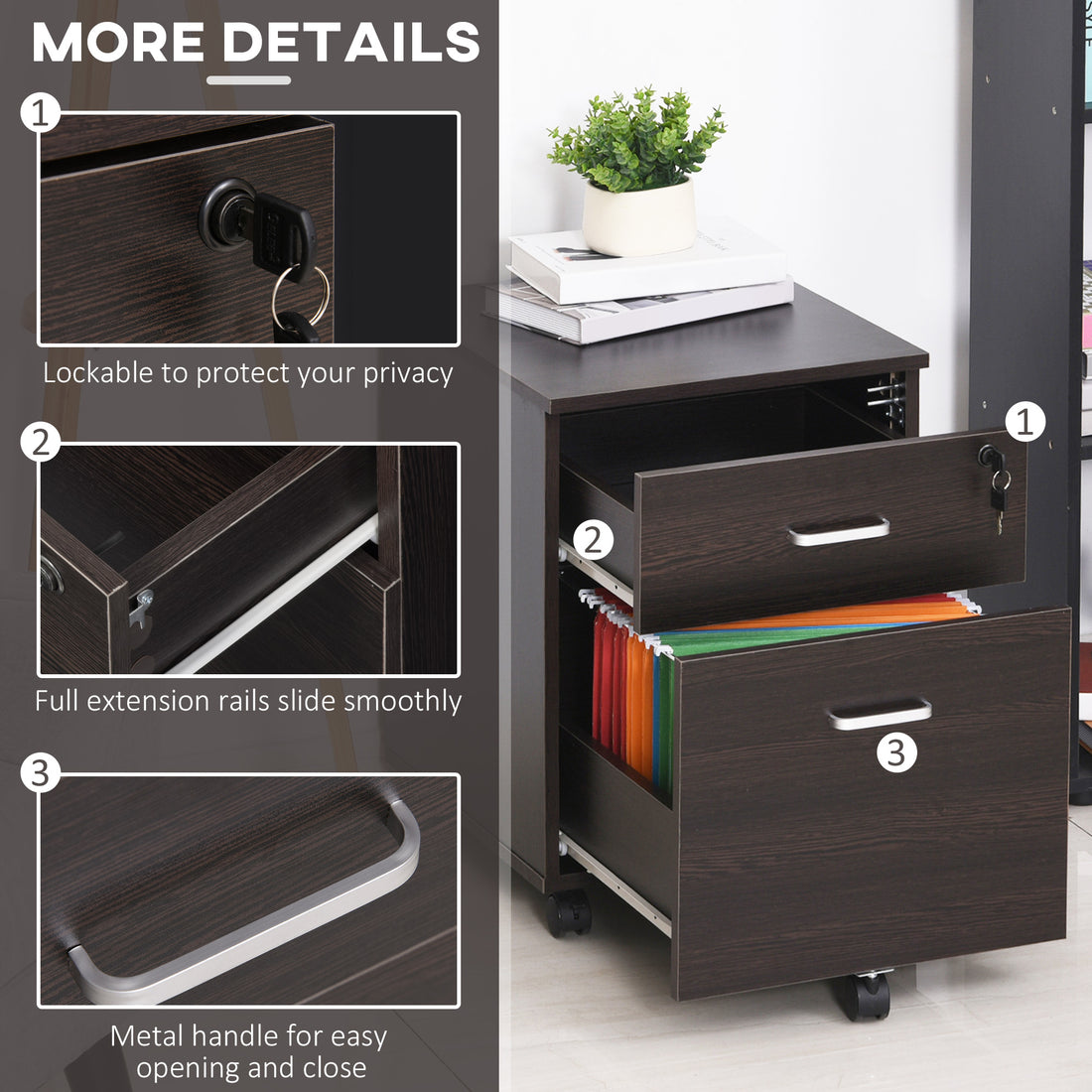 Vinsetto 2-Drawer Locking Office Filing Cabinet w/ 5 Wheels Rolling Storage Hanging A4 Cupboard Home Organisation Black Wood Grain