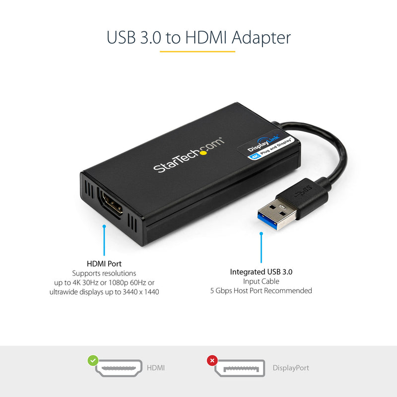 StarTech.com USB 3.0 to HDMI Adapter - 4K 30Hz Ultra HD - DisplayLink Certified - USB Type-A to HDMI Display Adapter Converter for Monitor - External Video & Graphics Card - Mac & Windows