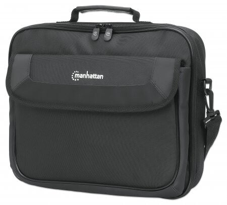 Manhattan Cambridge Laptop Bag 14.1", Clamshell Design, Black, LOW COST, Accessories Pocket, Document Compartment on Back, Shoulder Strap (removable), Notebook Case, Three Year Warranty