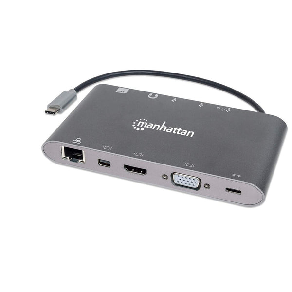 Manhattan USB-C Dock/Hub with Card Reader, Ports (x8): HDMI, Audio 3.5mm, Ethernet, Mini DisplayPort, USB-A (x3) and USB-C, With Power Delivery (60W) to USB-C Port (Note add USB-C wall charger and USB-C cable needed), All Ports can be used at the same tim