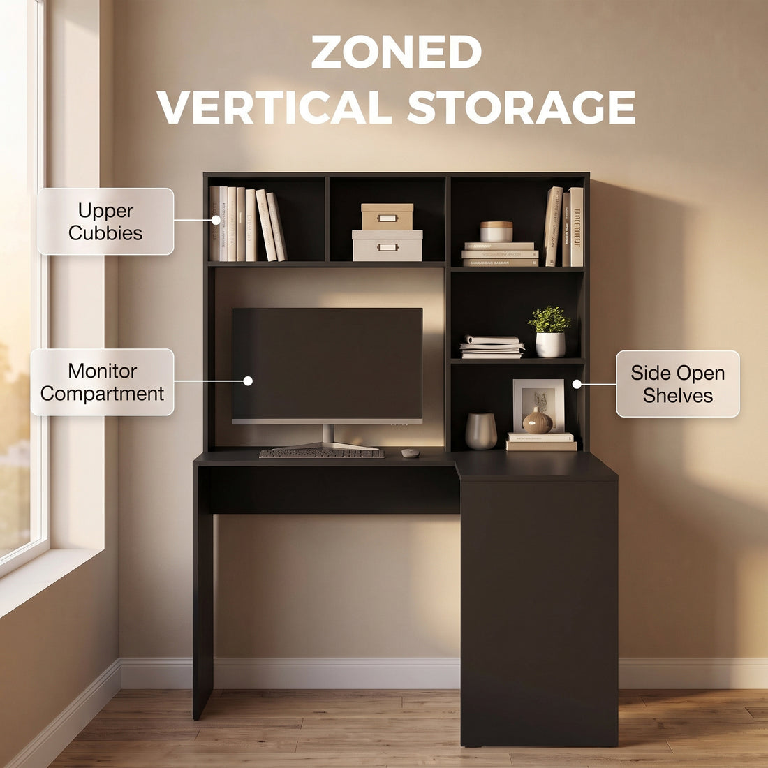 HOMCOM Modern Corner Computer Desk, L Shaped Desk with Monitor Stand and Storage Shelves for Home Office, Bedroom, Black