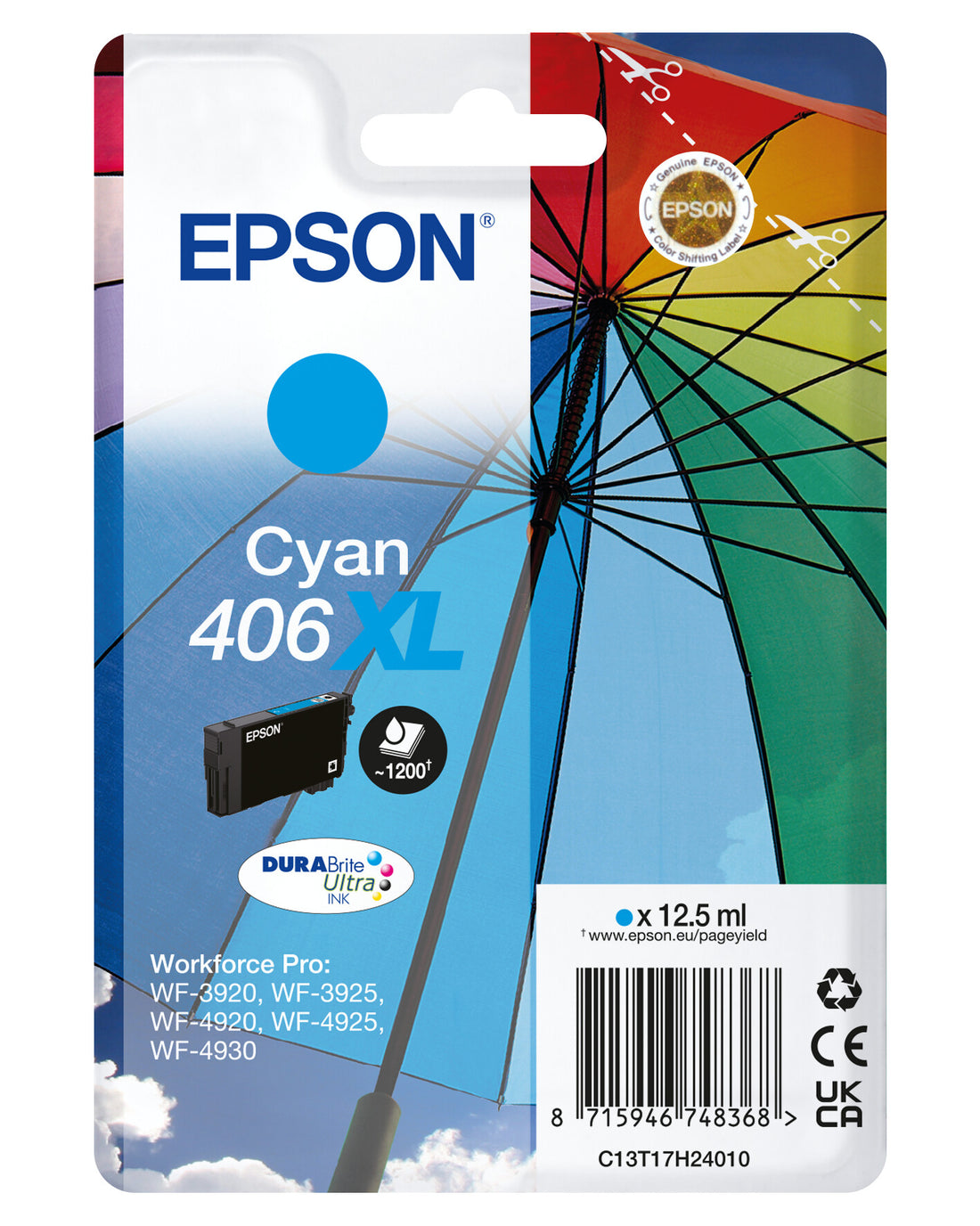 Epson Singlepack Cyan 406XL Umbrella DURABrite Ultra Ink