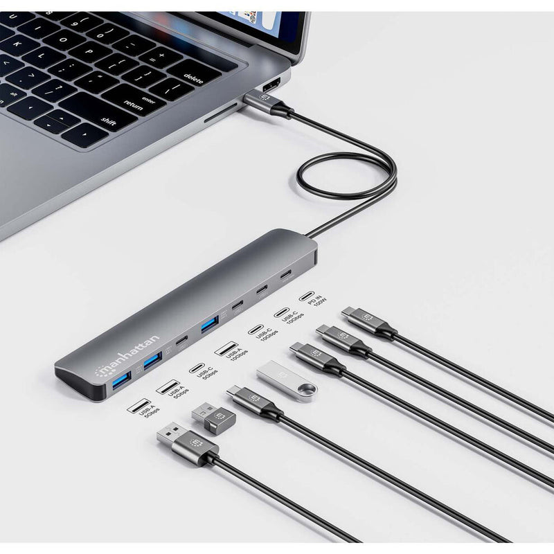 Manhattan USB-C Dock/Hub, Ports (x7): USB-A (x3) and USB-C (x4), With Power Delivery (100W) to USB-C Port (Note additional USB-C wall charger and USB-C cable needed), USB 3.2 Gen 2, All Ports can be used at the same time, Universal, Aluminium, Space Grey
