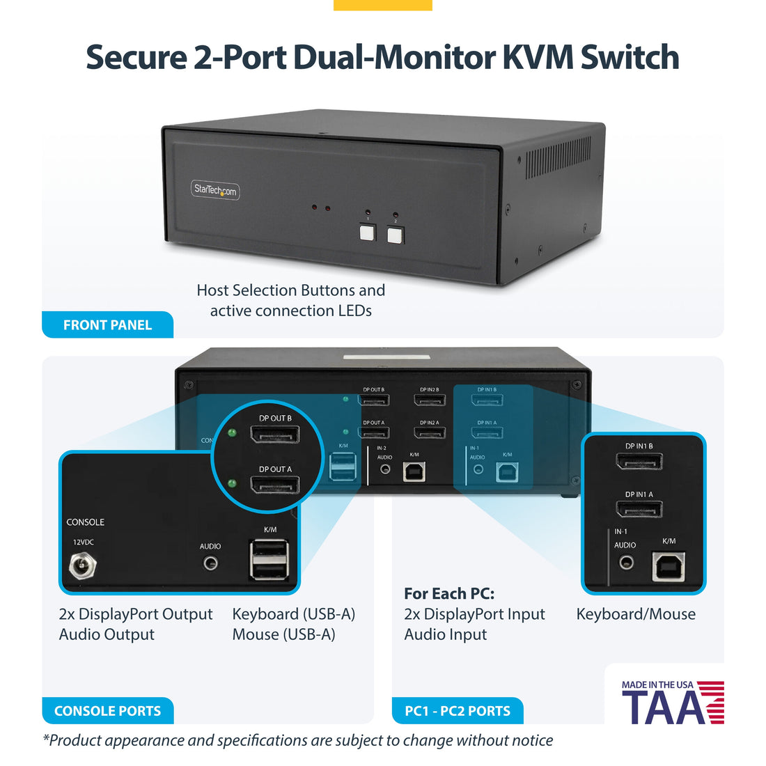 StarTech.com Secure 2-Port Dual-Monitor KVM Switch, DisplayPort, 4K 60Hz, NIAP 4.0 Desktop KVM, Metal Housing - image 4