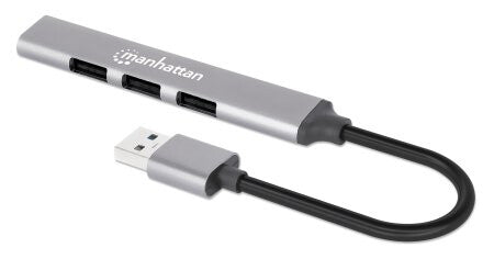 Manhattan USB-A 4-Port Hub, 4x USB-A Ports (1x 5 Gbps USB 3.2 Gen1 aka USB 3.0, 3 x 480 Mbps USB 2.0), Bus Powered, Aluminium, Space Grey, Three Year Warranty