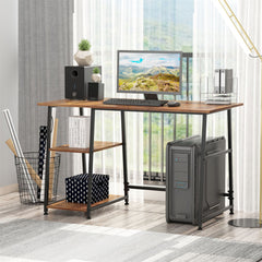 HOMCOM Office Desk Working Station Home Office Table with 2 Shelves Computer Gaming Desk Steel Frame Black and Rustic Brown