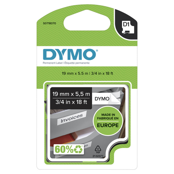 DYMO D1 High-Performance Permanent Polyester Labels | 19 mm x 5.5m Roll | Black Print on White | Self-Adhesive Labels for LabelManager Label Printers | Authentic