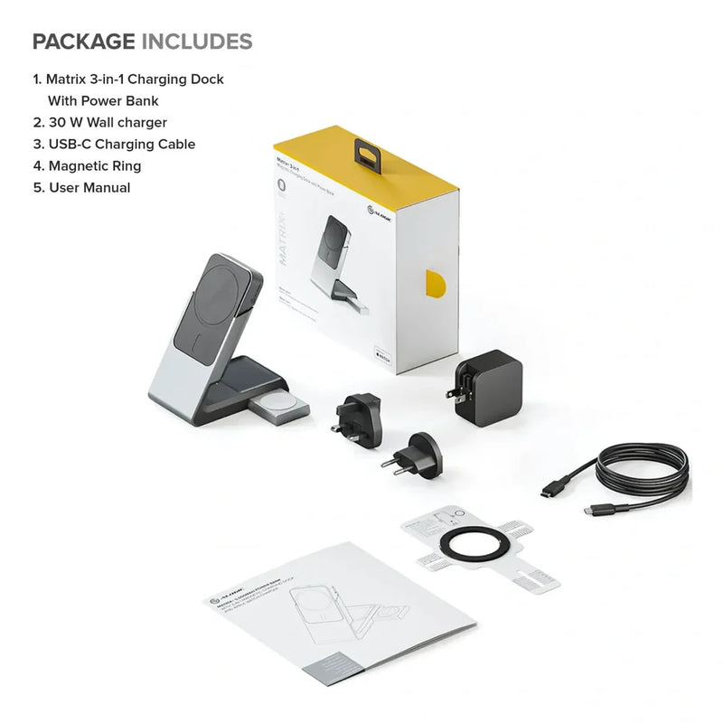 ALOGIC Matrix+ 3-in-1 Magnetic Charging Dock with Apple Watch Charger for iPhone 16-12 , Apple Watch, Airpods , Charging Station for Apple Devices with 5000mAH Wireless Power Bank & 30W Multi Country Power Adapter.