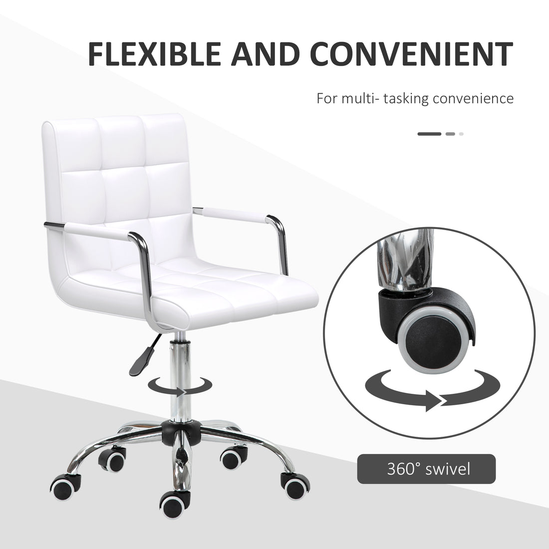 Vinsetto Makeup Vanity Chair, PU Leather Mid Back Office Chair with Adjustable Height, Armrest and Rolling Wheels, White