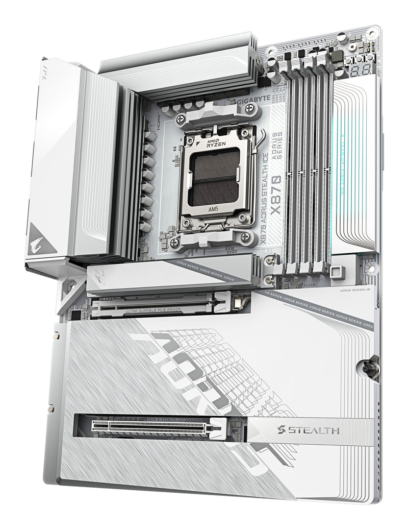 GIGABYTE X870 AORUS STEALTH ICE Motherboard - Supports AMD Ryzen 9000 CPUs, 16+2+2 Phases Digital VRM, up to 8200Hz DDR5 (OC), 2xPCIe 5.0 + 2xPCIe 4.0, Wi-Fi 7, 5 GbE LAN, USB 4
