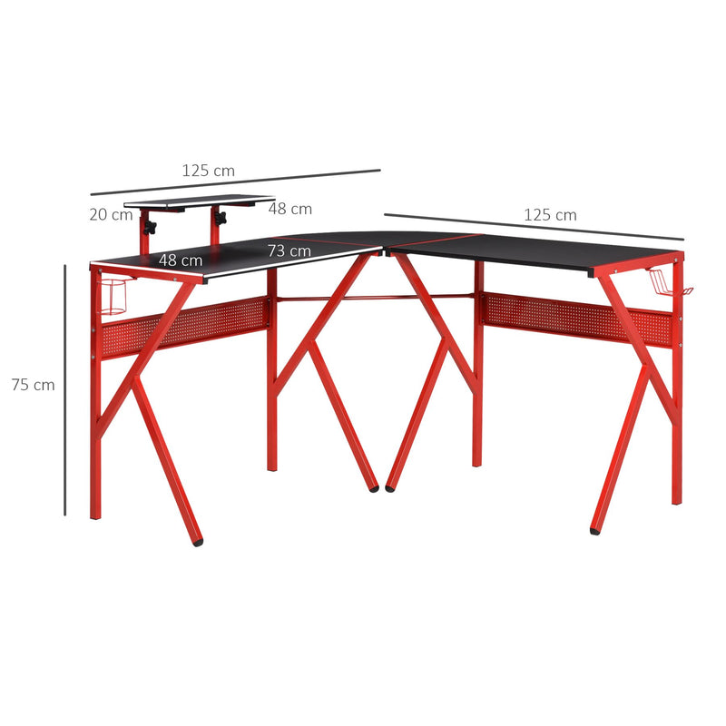 HOMCOM Gaming Desk L-Shaped Corner Computer Table for Home Office PC Workstations with Adjustable Monitor Stand , Red