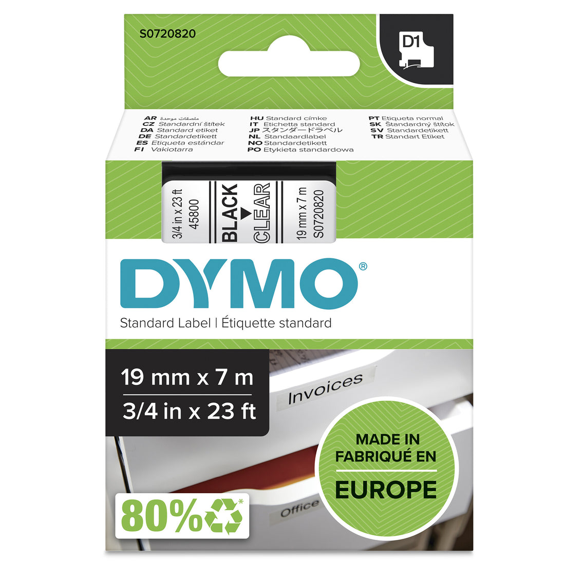 DYMO Authentic D1 Labels | Black Print on Clear Tape | 19 mm x 7 m | Self-Adhesive Labels for LabelManager