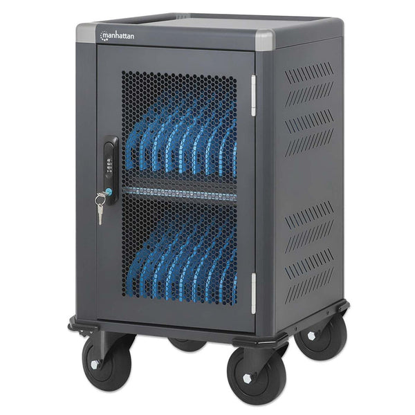 Manhattan iPad to 13", MacBook Air to 13" & Chromebook 14" 20-bay Charging Trolley/Cart via USB-C (30W), Also other tablets/smartphones (with device to USB-C cable), Bays 330x25x235mm, USB-C charging cables included, Cabinet