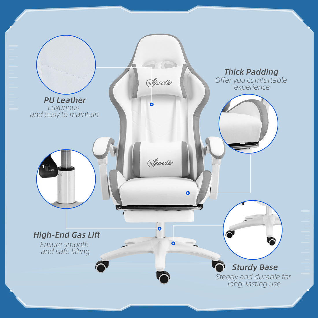 Vinsetto Computer Gaming Chair, PU Leather Desk Chair with Footrest, Swivel Task Chair with 135° Reclining Back, White & Grey