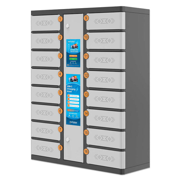 Manhattan Kiosk iPad 11"/Phone Charging Cabinet USB-C 30W 16-bay (individual compartment - PIN locked), Suitable for 11" Tablets/chromebooks, phones, other USB-C devices, Bays 328x220x100mm, USB-C charging cables included,Cabinet, UK & EU