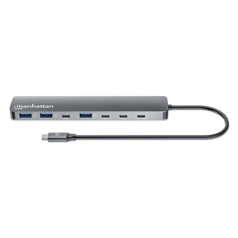 Manhattan USB-C Dock/Hub, Ports (x7): USB-A (x3) and USB-C (x4), With Power Delivery (100W) to USB-C Port (Note additional USB-C wall charger and USB-C cable needed), USB 3.2 Gen 2, All Ports can be used at the same time, Universal, Aluminium, Space Grey