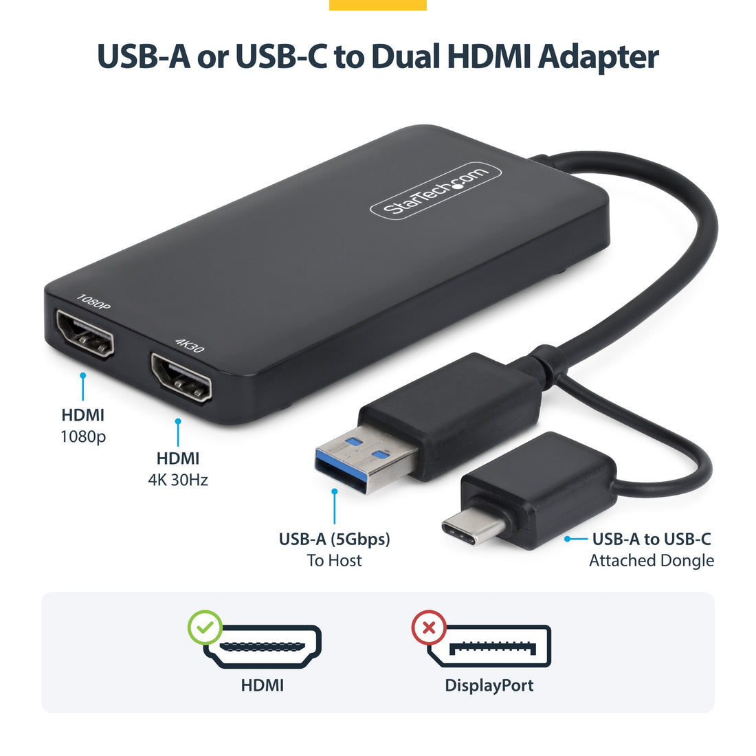 StarTech.com USB to Dual HDMI Adapter, USB A/C to 2x HDMI Displays (1x 4K30Hz, 1x 1080p), Integrated USB-A to - image 10