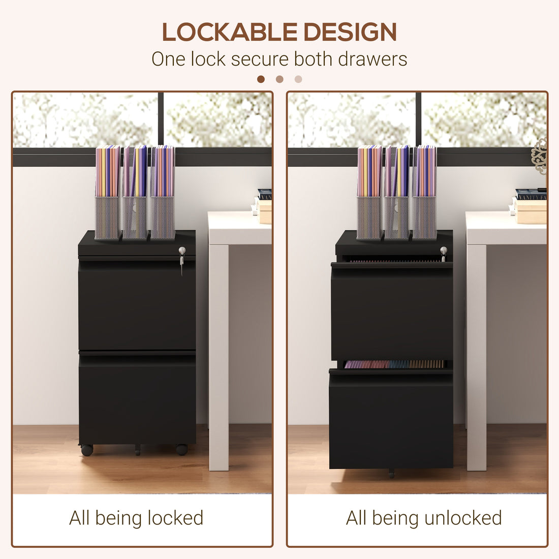 Vinsetto 2-Drawer Mobile Filing Cabinet, Metal Lockable File Cabinet for Letter, A4 and Legal Size, Pre-Assembled Body, Black