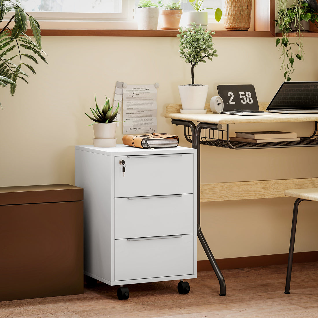 HOMCOM Three-Drawer Locking Filing Cabinet - White