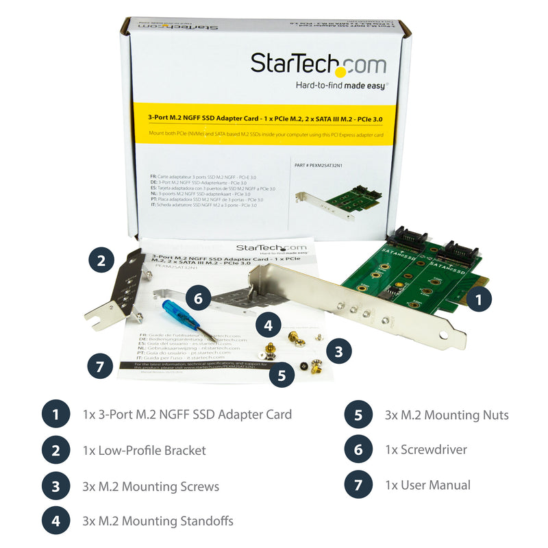 StarTech.com 3-Port M.2 SSD (NGFF) Adapter Card - 1 x PCIe (NVMe) M.2, 2 x SATA III M.2 - PCIe 3.0