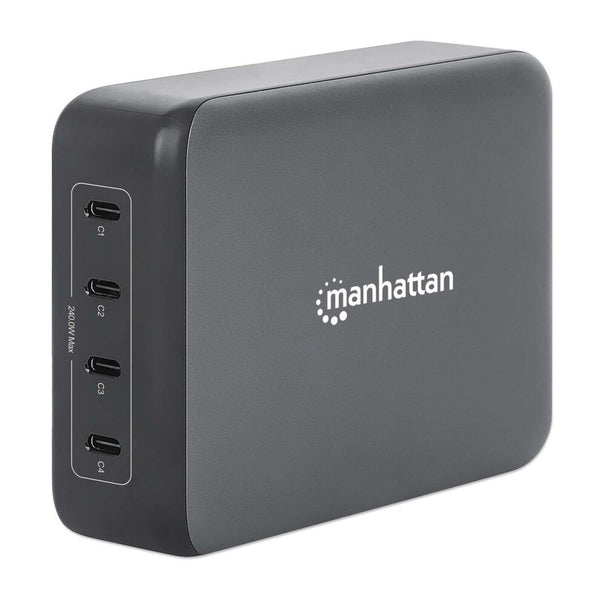 Manhattan Mains USB-C Laptop Charging Station 4-port, Universal charging for ALL laptops (incl power hungry gaming machines & equivalent) with ports to simultaneously charge phones/watches/earpods/etc, GaN, Each PD port up to 140W (Max 240W), UK Power cor