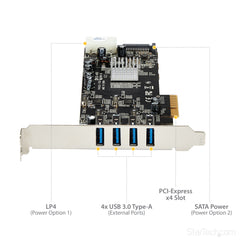 StarTech.com 4 Port USB 3.0 PCIe Card w/ 4 Dedicated 5Gbps Channels (USB 3.1 Gen 1) - UASP - SATA / LP4 Power - PCI Express Adapter Card