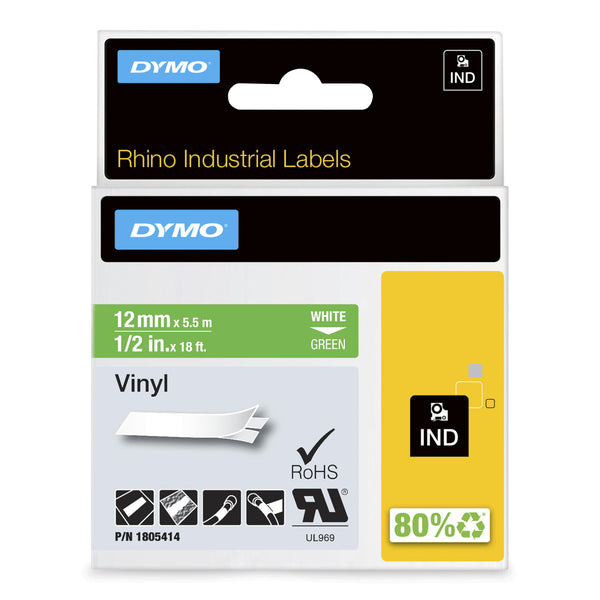 DYMO Rhino Industrial Vinyl Labels | 12 mm x 5.5 m | White Print on Green | Self-Adhesive | for Rhino & LabelManager Label Makers