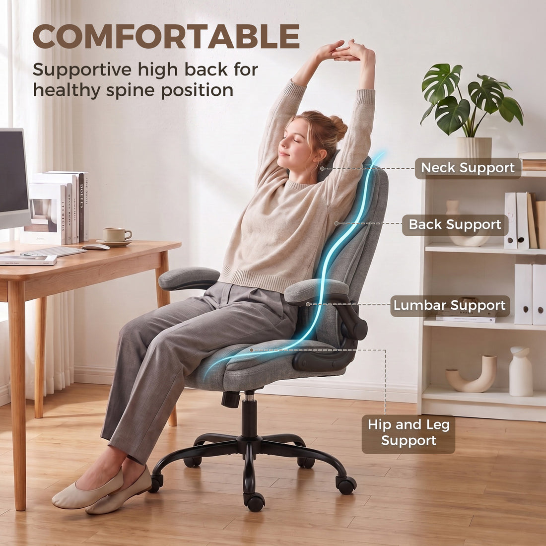 HOMCOM Office Chair, Ergonomic Desk Chair with Flip-up Armrest, Pocket Springs, Swivel Wheels, Adjustable Height, Dark Grey