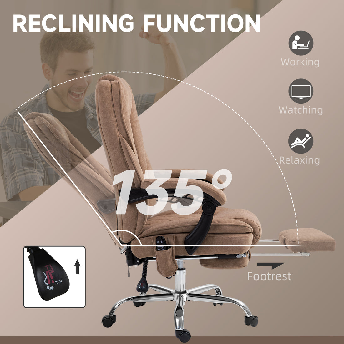 Vinsetto Massage Office Chair, Heated Reclining Computer Chair with Adjustable Height and Footrest, Brown