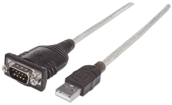 Manhattan USB-A to RS232 Serial Adapter, 1.8m, DB9 Male, Prolific PL-2303RA Chip, Black/Silver, Three Year Warranty