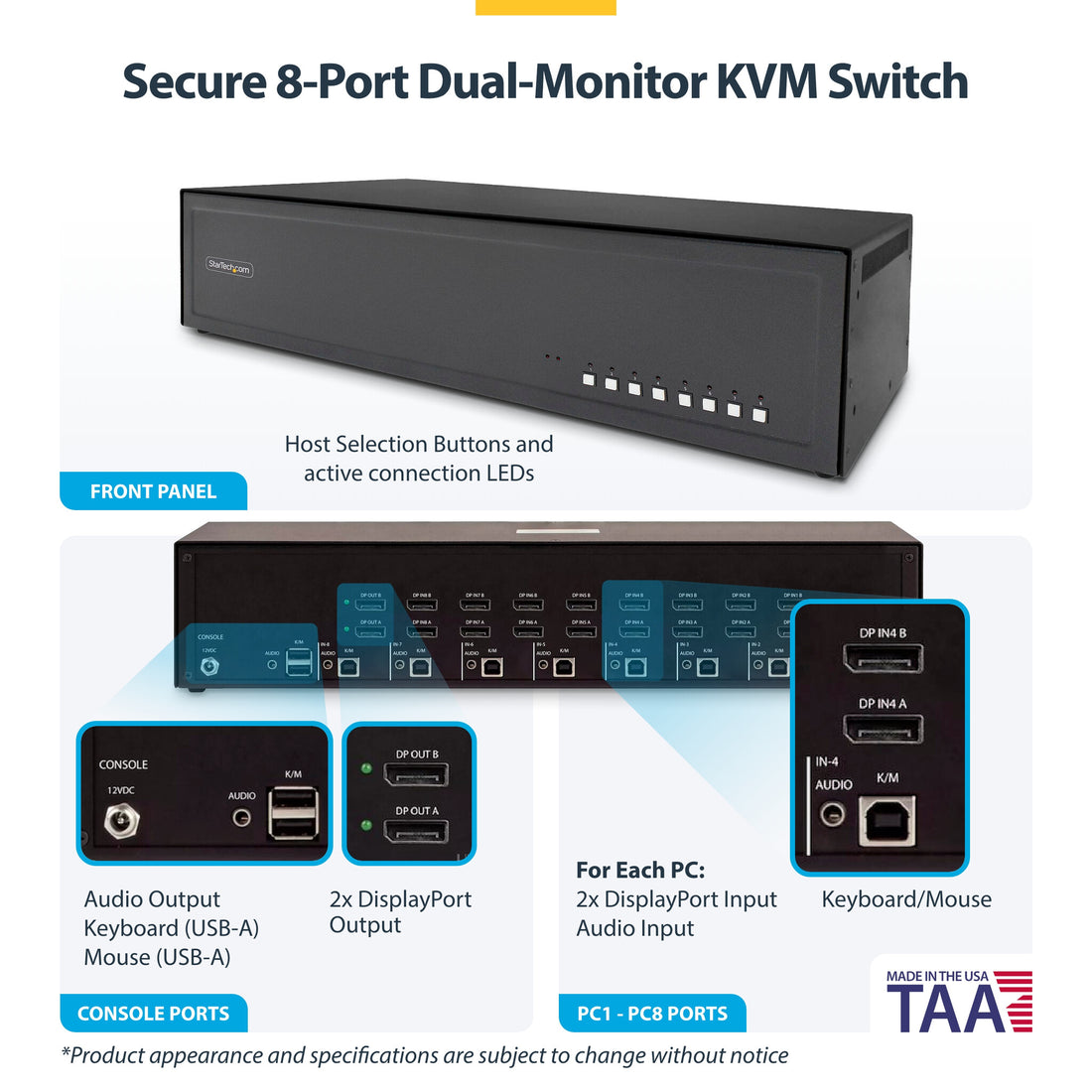 StarTech.com Secure 8-Port Dual-Monitor KVM Switch, DisplayPort, 4K 60Hz, NIAP 4.0 Desktop KVM, Metal Housing - image 4