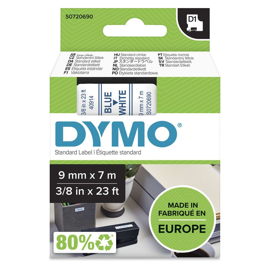 DYMO Authentic D1 Labels | Blue Print on White Tape | 9 mm x 7 m | Self-Adhesive Labels for LabelManager Label