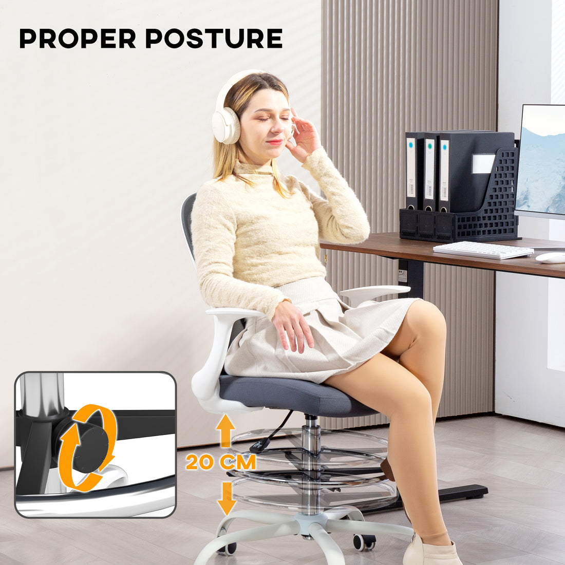 HOMCOM 99-119 cm Draughtsman Chair, with Adjustable Footrest - Grey