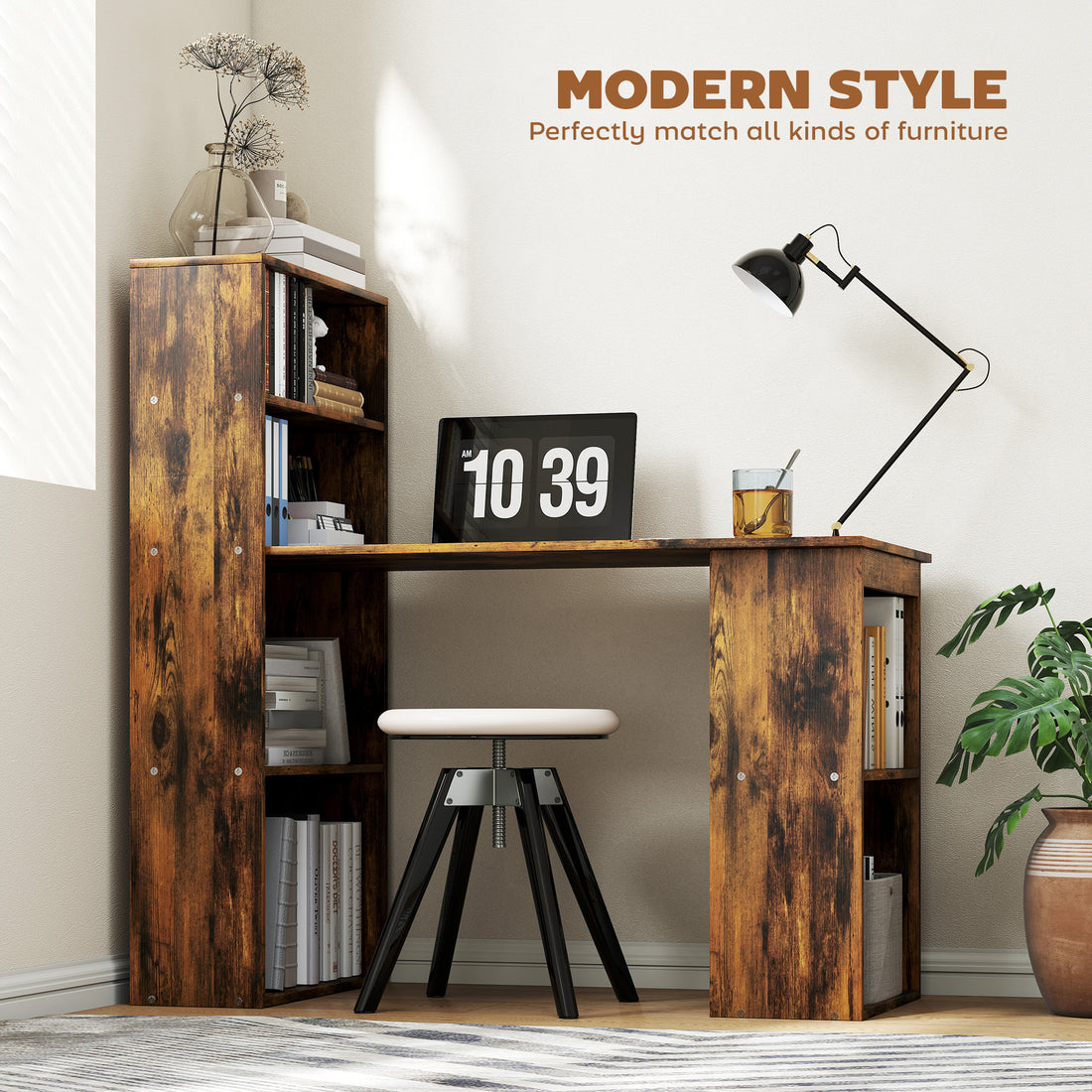 HOMCOM 120cm Computer Desk, Wooden PC Laptop Table with 6-Tier Storage Bookshelves, Home Office Working Study Desk, Writing Workstation, Rustic Brown Wood-Effect