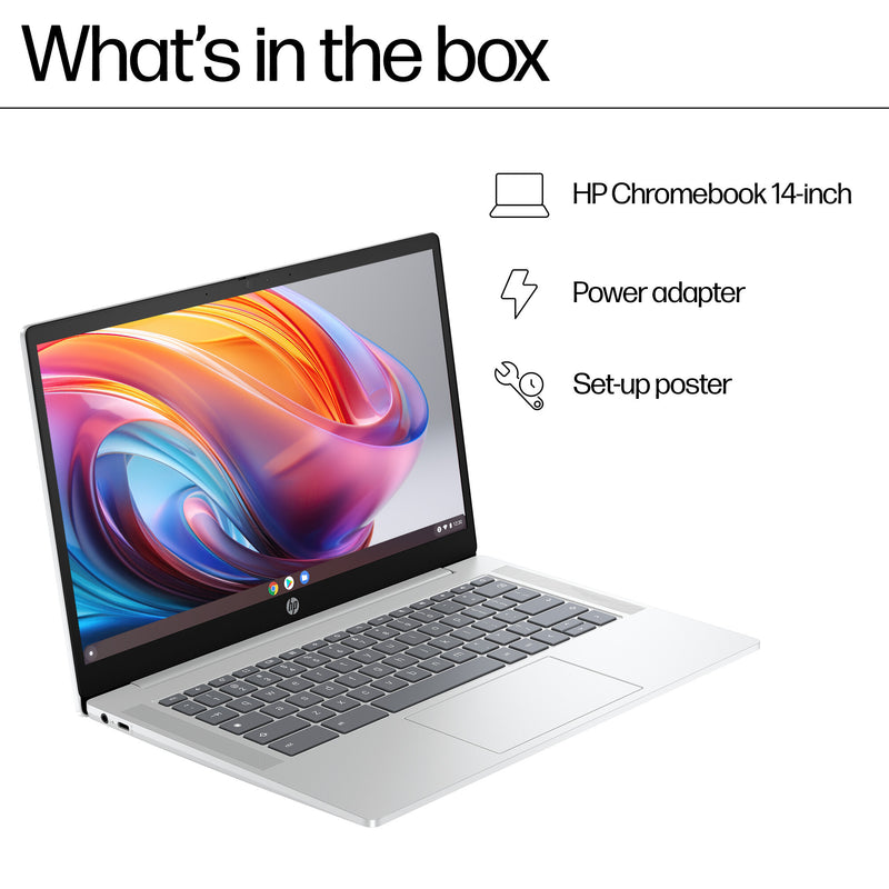 HP Chromebook 14a-nf0002na Intel® N N100 35.6 cm (14") HD 4 GB LPDDR5-SDRAM 128 GB eUFS Wi-Fi 6E (802.11ax) ChromeOS Silver
