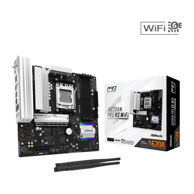 Asrock A620AM PRO RS WIFI, AMD A620A, AM5, Micro ATX, 4 DDR5, HDMI, DP, Wi-Fi 6E, 2.5G LAN, RGB, 3x M.2