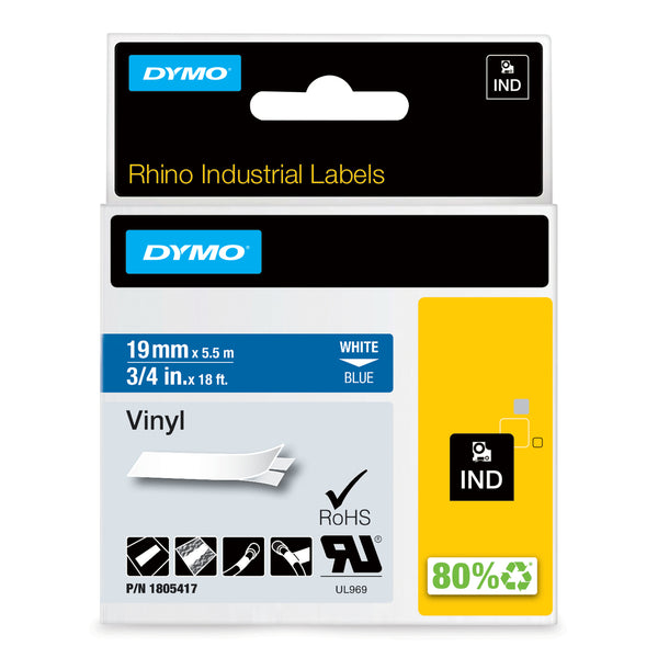 DYMO Rhino Industrial Vinyl Labels | 19 mm x 5.5 m | White Print on Blue | Self-Adhesive | for LabelManager & Rhino Label Makers