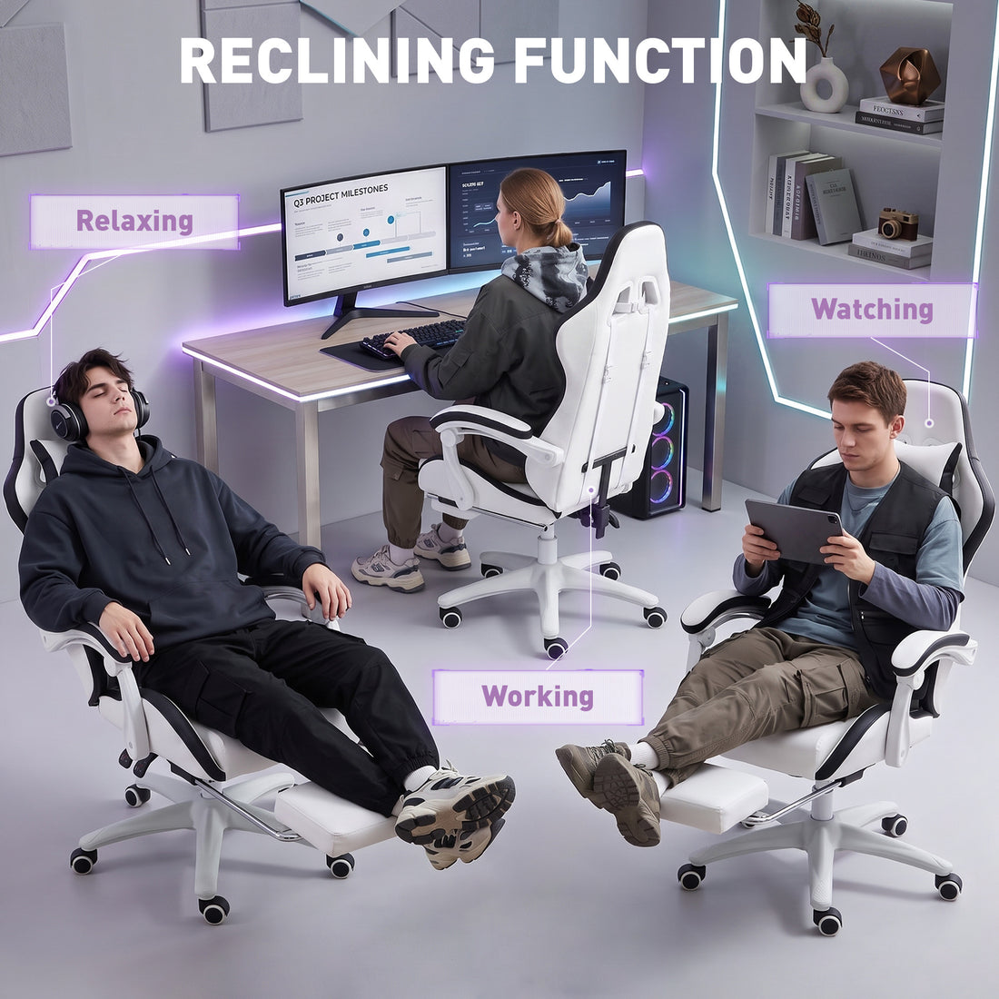 Vinsetto Gaming Chair, Computer Gamer Chair with Reclining High Back, Headrest, Lumbar Support, Footrest, Swivel Wheels, PU Leather, Adjustable Height for Home, White and Black