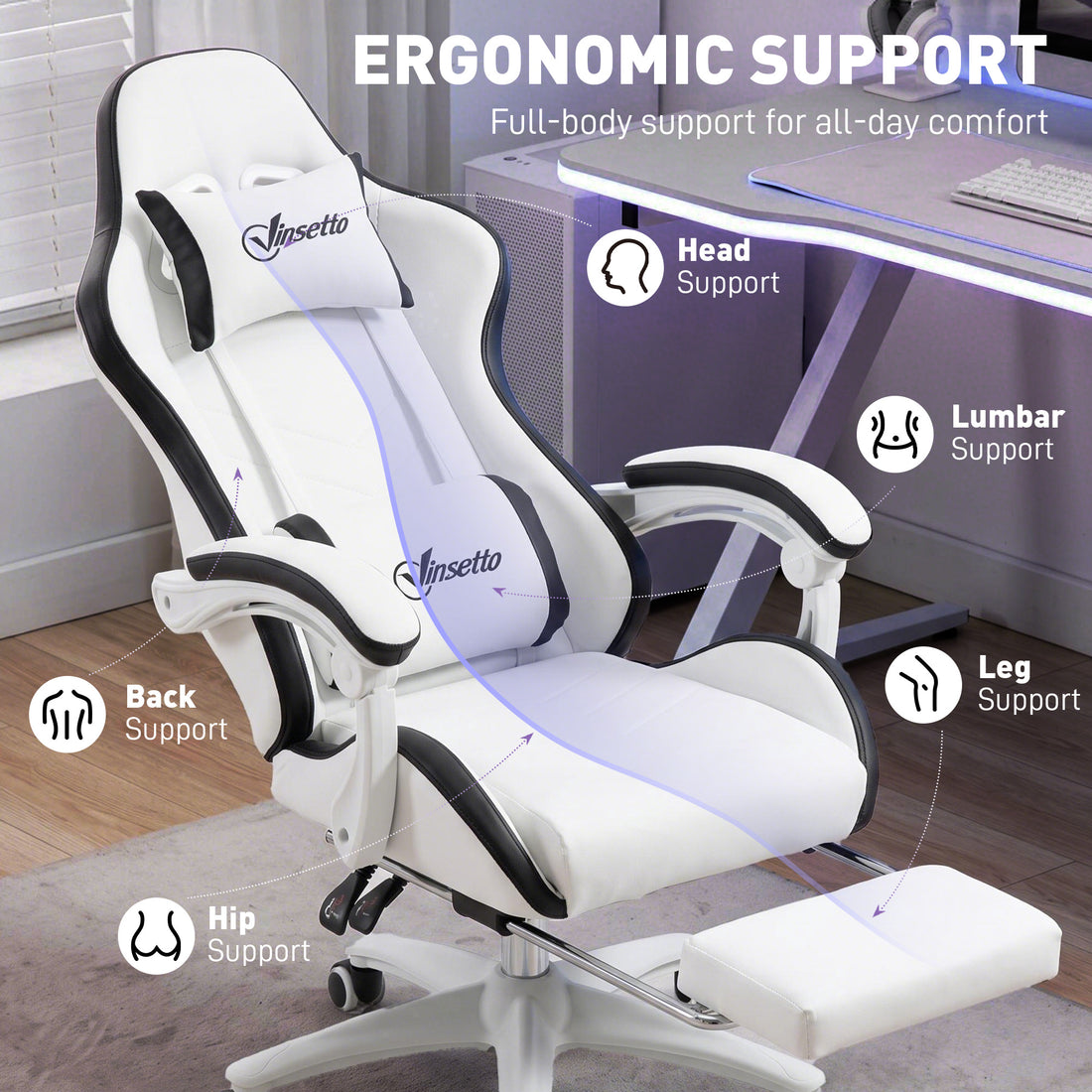 Vinsetto Gaming Chair, Computer Gamer Chair with Reclining High Back, Headrest, Lumbar Support, Footrest, Swivel Wheels, PU Leather, Adjustable Height for Home, White and Black