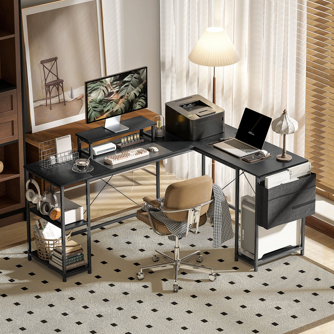 HOMCOM 168cm Reversible L Shaped Desk, Industrial Corner Computer Desk with Adjustable Shelf and Storage Bag, 240cm 2 Person PC Table with Monitor Stand, Black