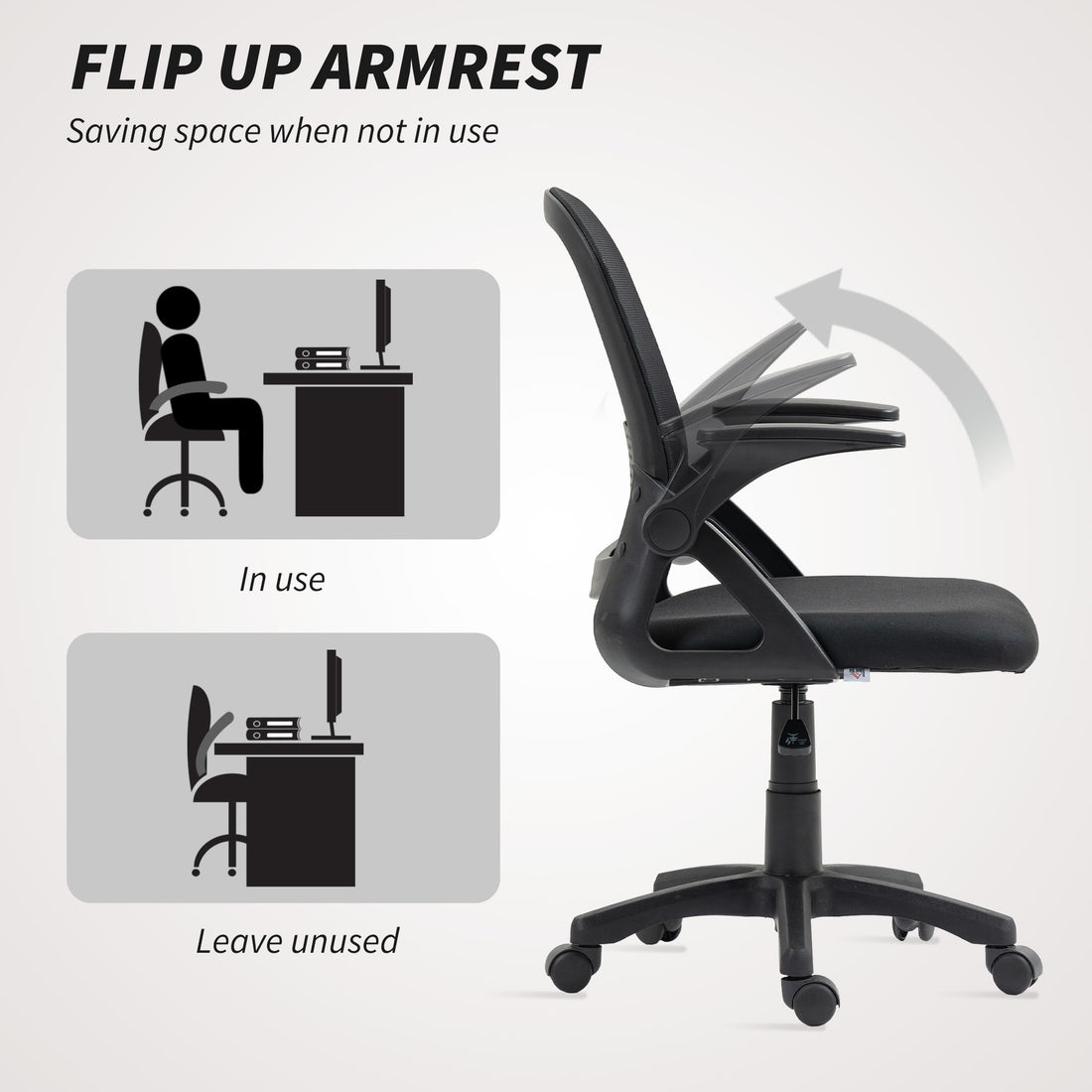HOMCOM Breathable Mesh Office Chair, Ergonomic Swivel Computer Chair with Flip-up Armrests, Lumbar Back Support for Home/Office, Black