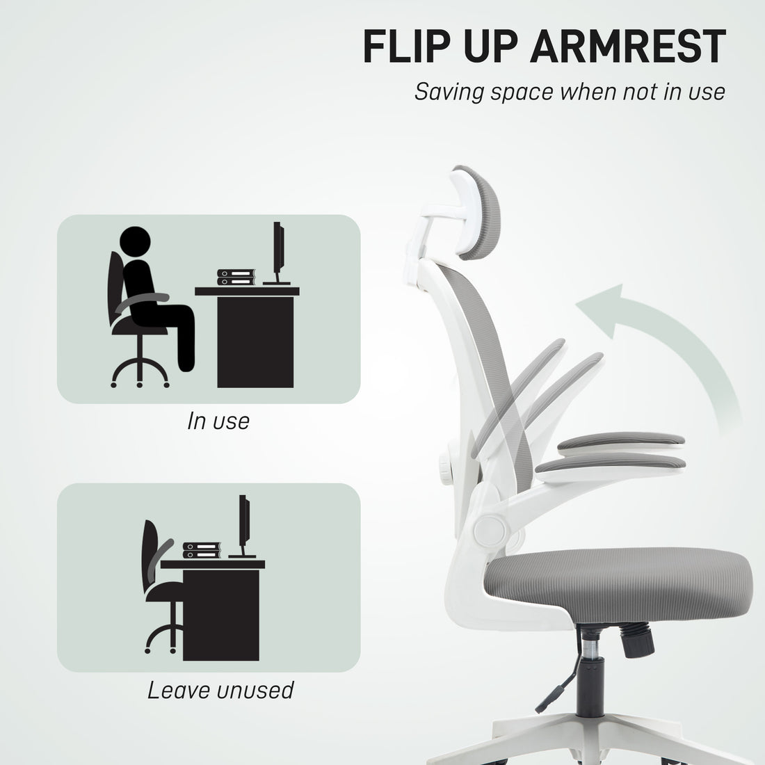 HOMCOM Executive Office Chair, Ergonomic Mesh High Back Desk Chair with Flip-up Armrest, Rotatable Headrest, Adjustable Lumbar Support for Home Study, Grey
