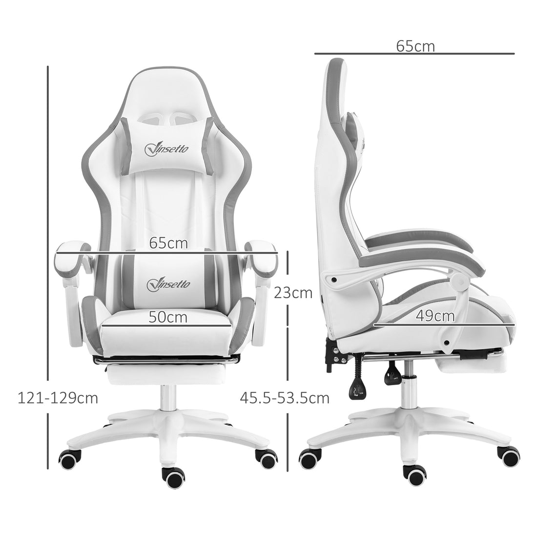 Vinsetto Computer Gaming Chair, PU Leather Desk Chair with Footrest, Swivel Task Chair with 135° Reclining Back, White & Grey